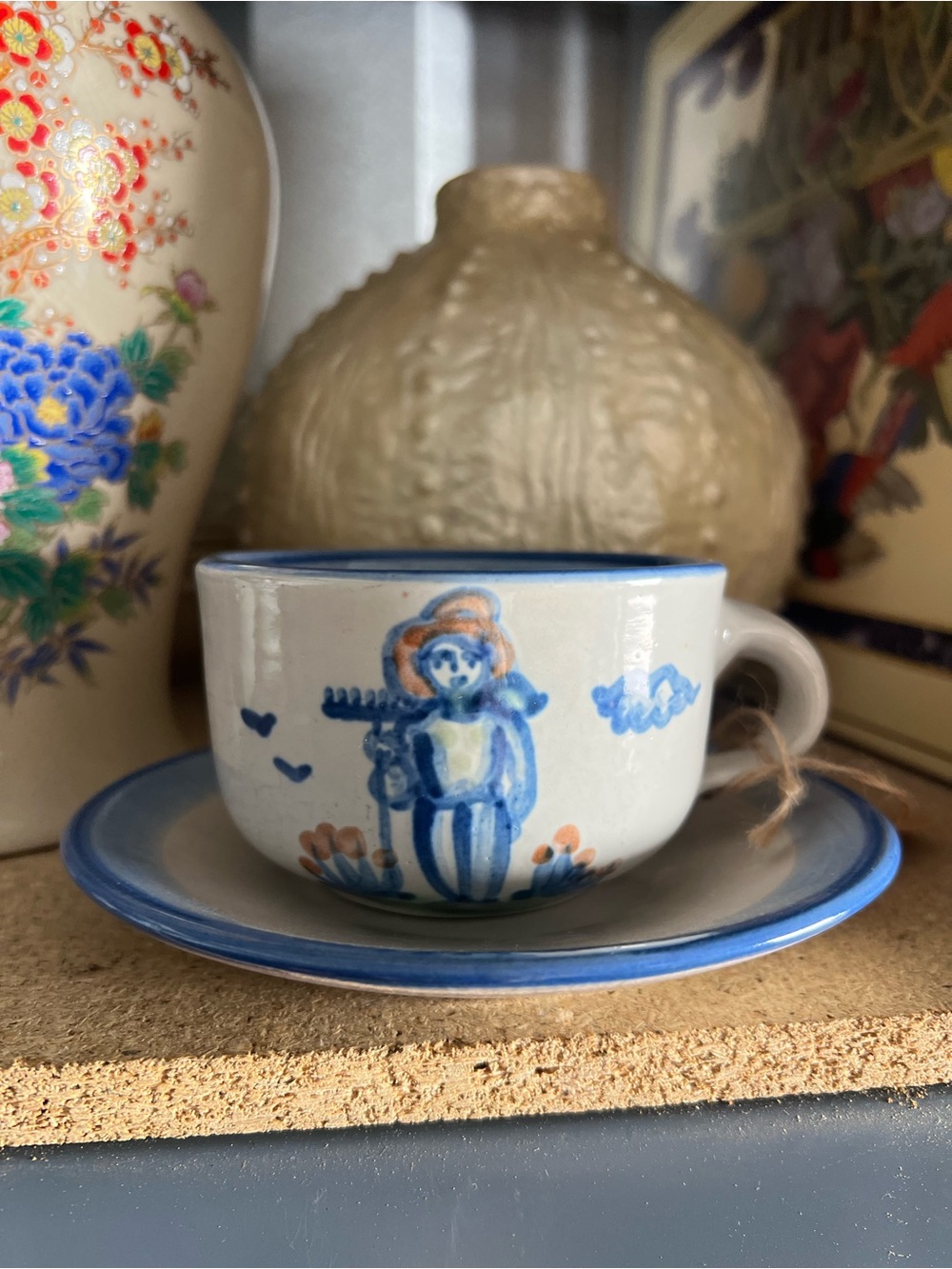 M.A. Hadley Hand-Painted Blue and White Cup & Saucer -